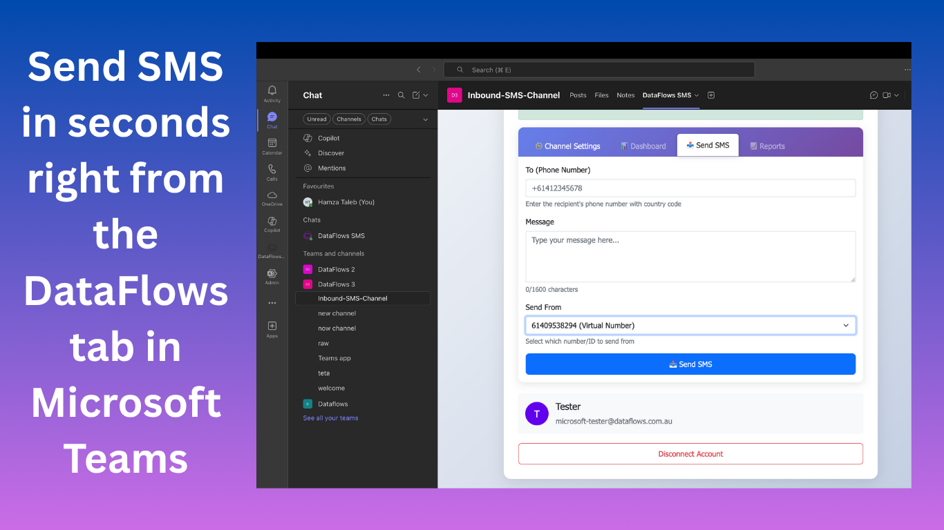 Composing SMS messages from Microsoft Teams channel tab with recipient and sender ID selection